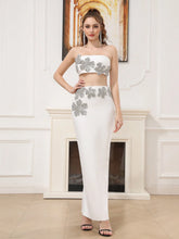 Modphy 2 Piece Set 2024 Autumn/Winter Rhinestone 3D Floral Strapless Cropped Top And Skirt Sexy Bandage Women's Two Piece Dress Suit